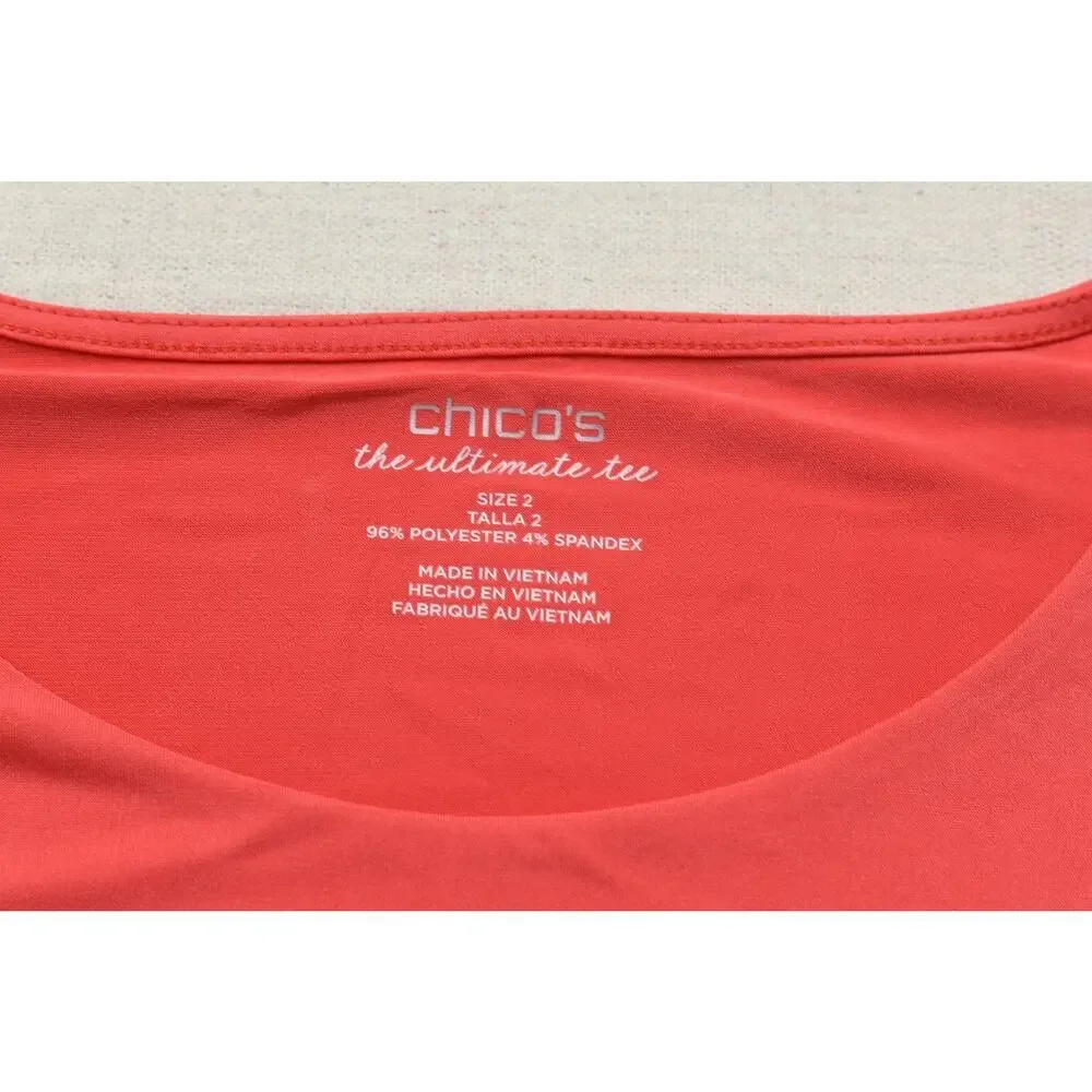 Chico's The Ultimate Tee Size 2 Coral Pink Asymmetrical Hem 3/4 Sleeve Top Polye